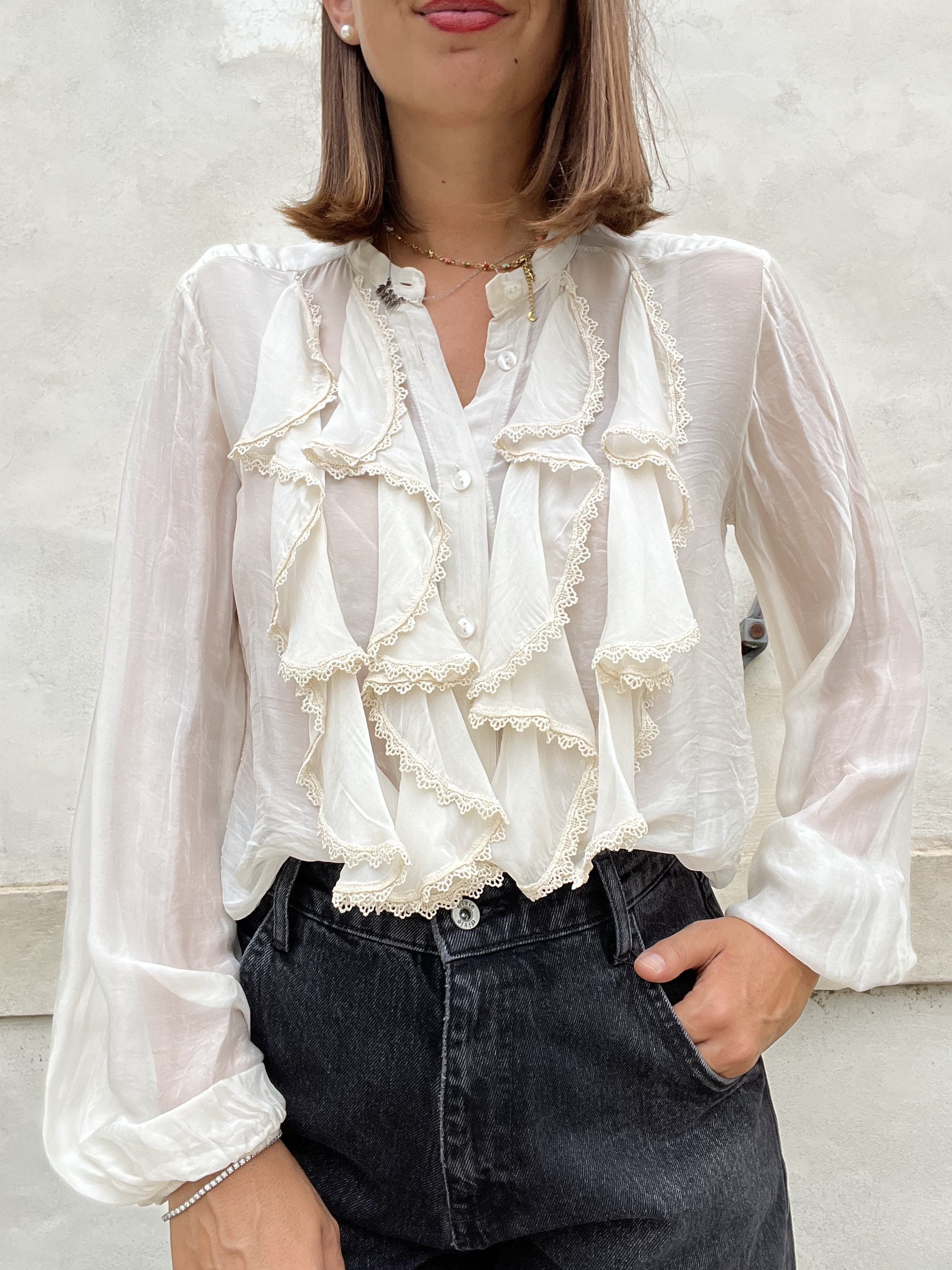 CAMICIA SETA E VISCOSA ROUGE PIZZO