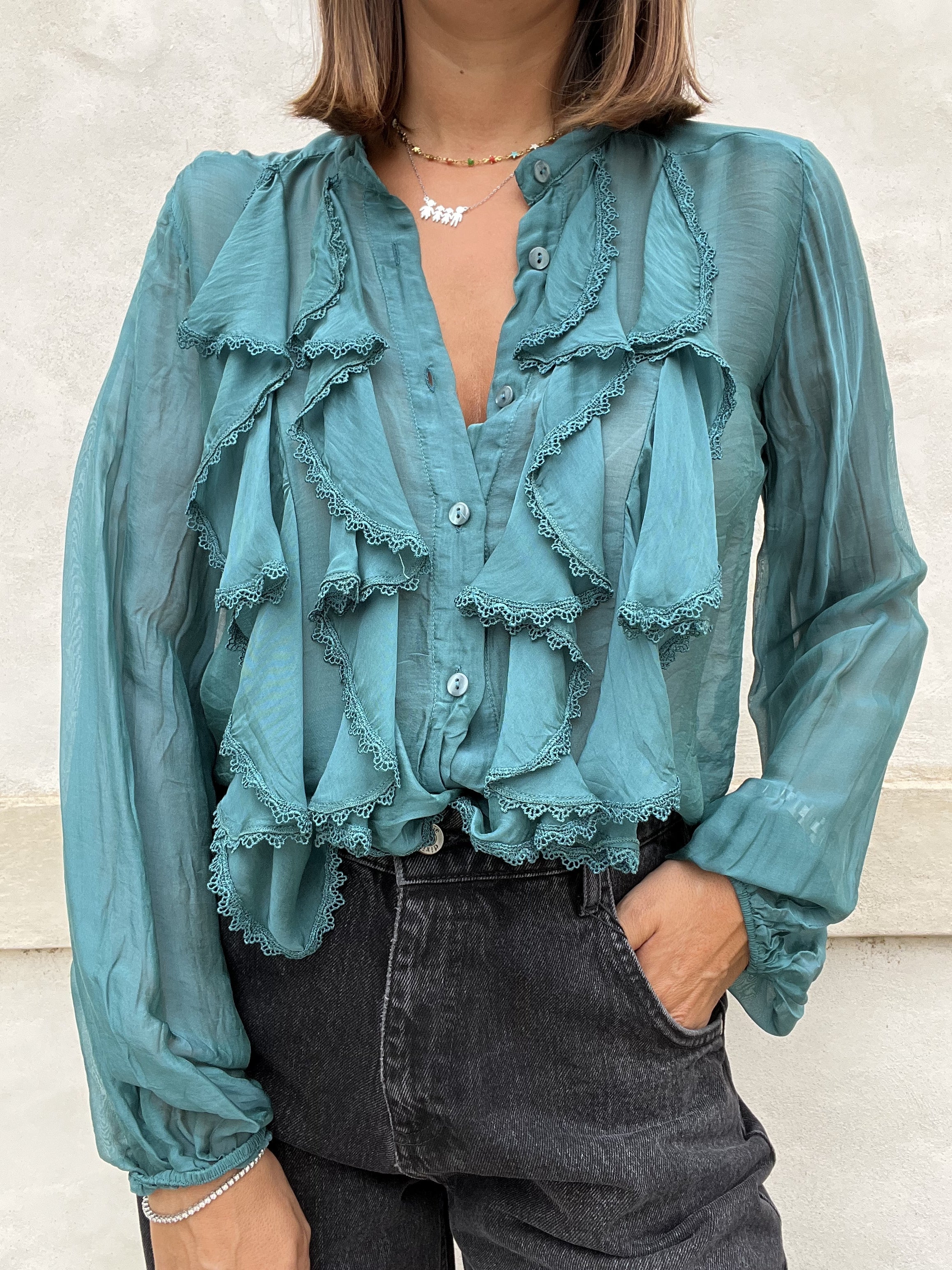 CAMICIA SETA E VISCOSA ROUGE PIZZO