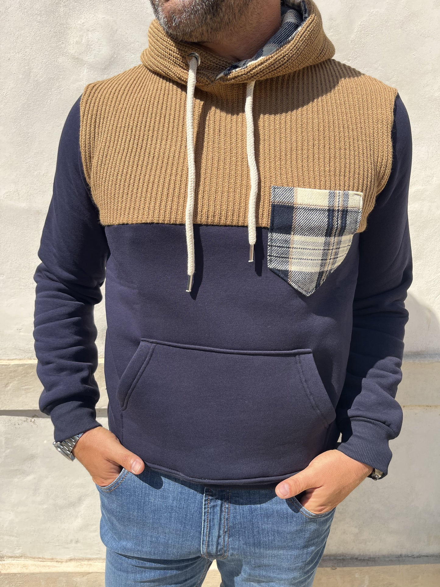 FELPA CON CAPPUCCIO BICOLOR BLU/CAMMELLO