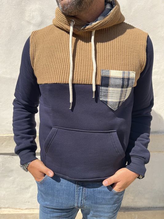 FELPA CON CAPPUCCIO BICOLOR BLU/CAMMELLO