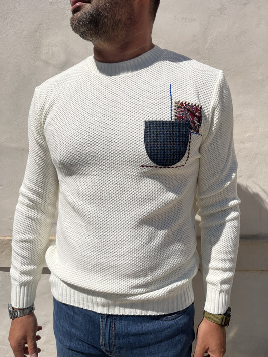 MAGLIONE PANNA OCCHIO DI PERNICE TASCHINO PATCH