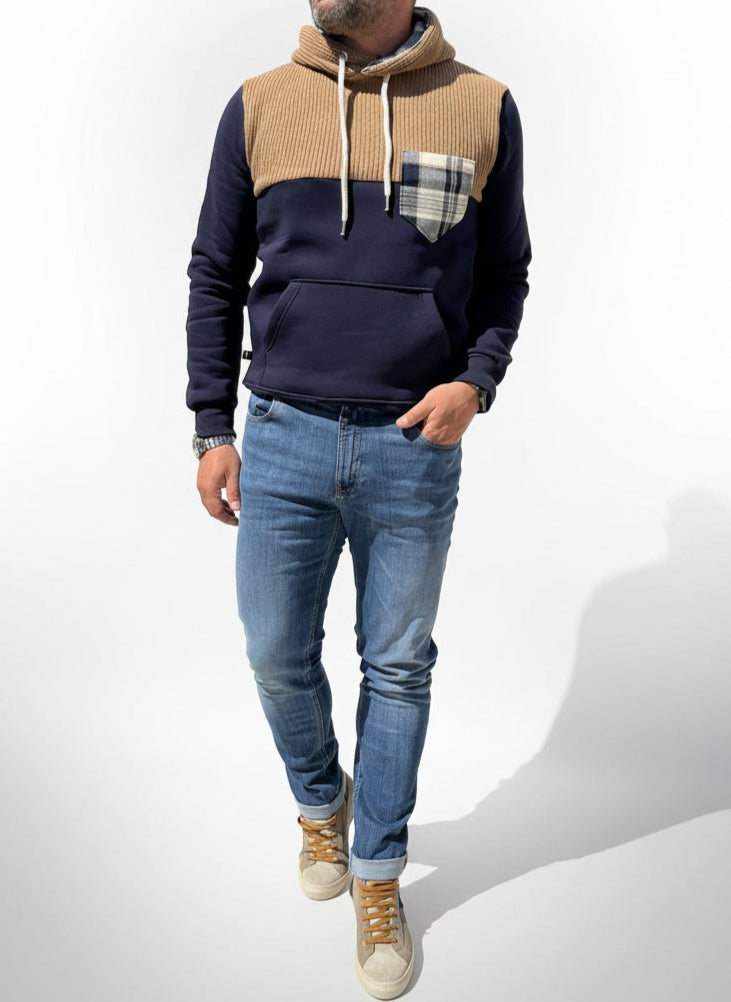 FELPA CON CAPPUCCIO BICOLOR BLU/CAMMELLO