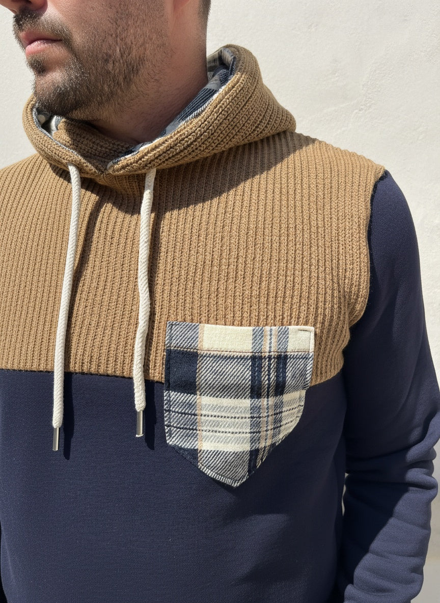 FELPA CON CAPPUCCIO BICOLOR BLU/CAMMELLO
