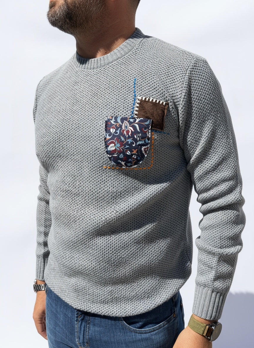 MAGLIONE GRIGIO OCCHIO DI PERNICE TASCHINO PATCH
