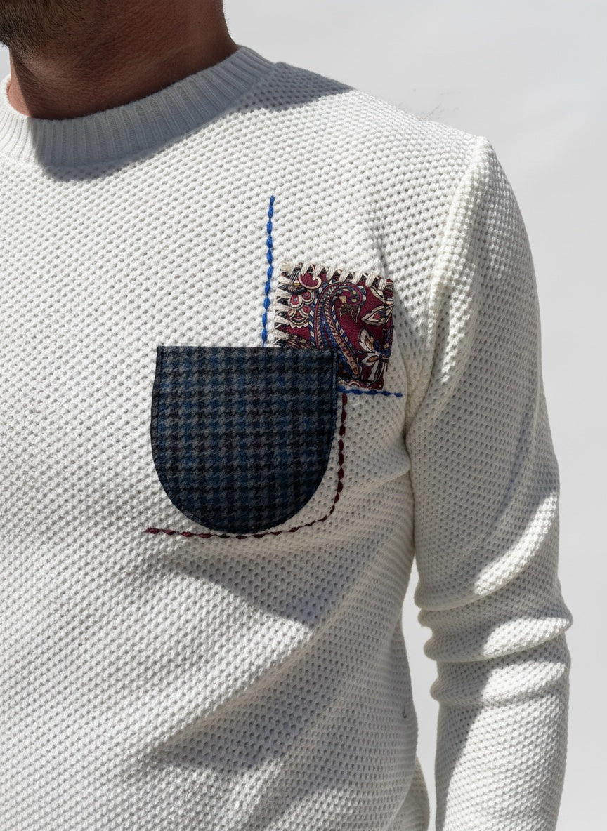 MAGLIONE PANNA OCCHIO DI PERNICE TASCHINO PATCH