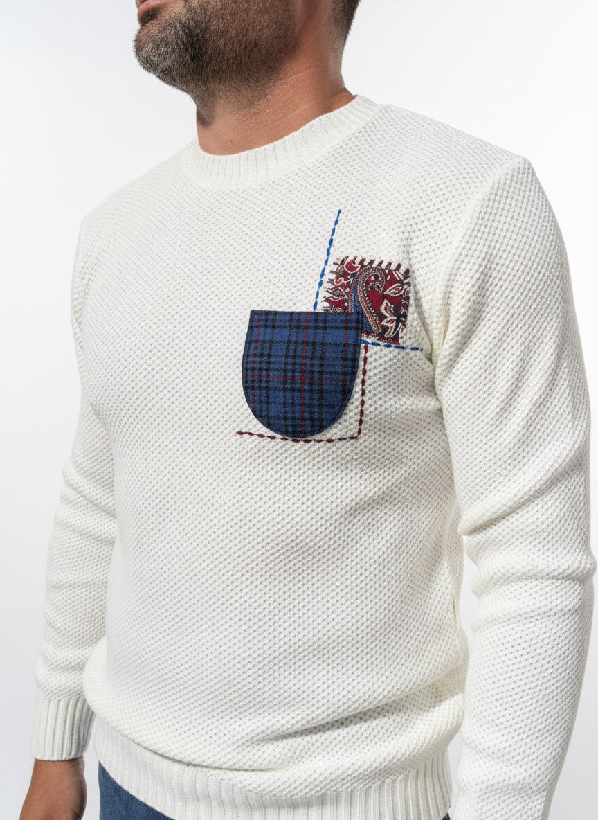 MAGLIONE PANNA OCCHIO DI PERNICE TASCHINO PATCH